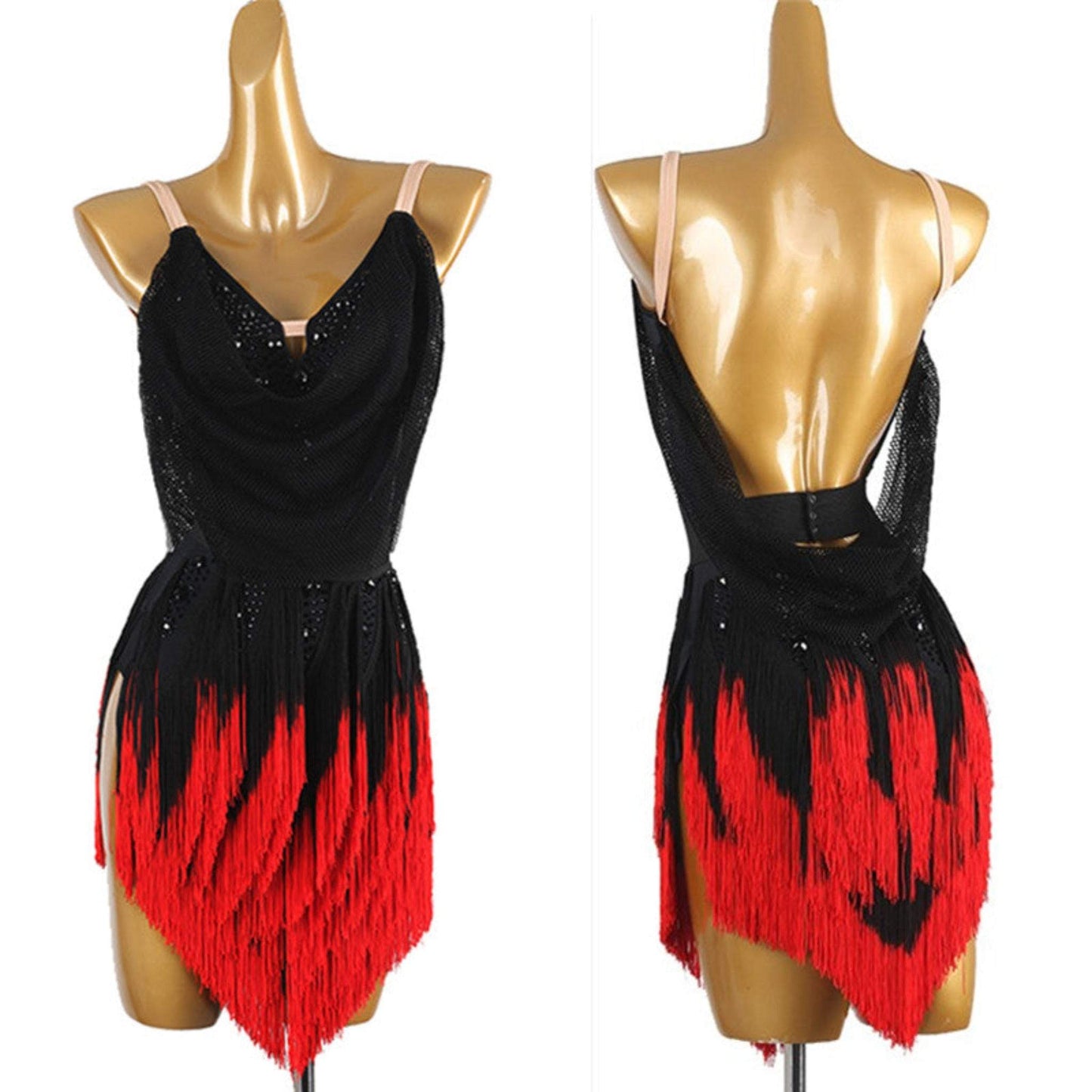 Mesh Detail Red Fringes Latin Dress | LQ460Dance Dressing
