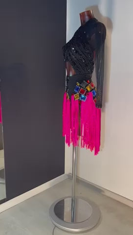 Pink Fringe Rhythm Dance Dress with Sparkling Crystals