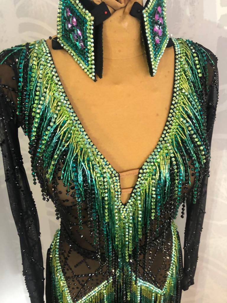 Black & Green Latin Dress with FringeDance Dressing
