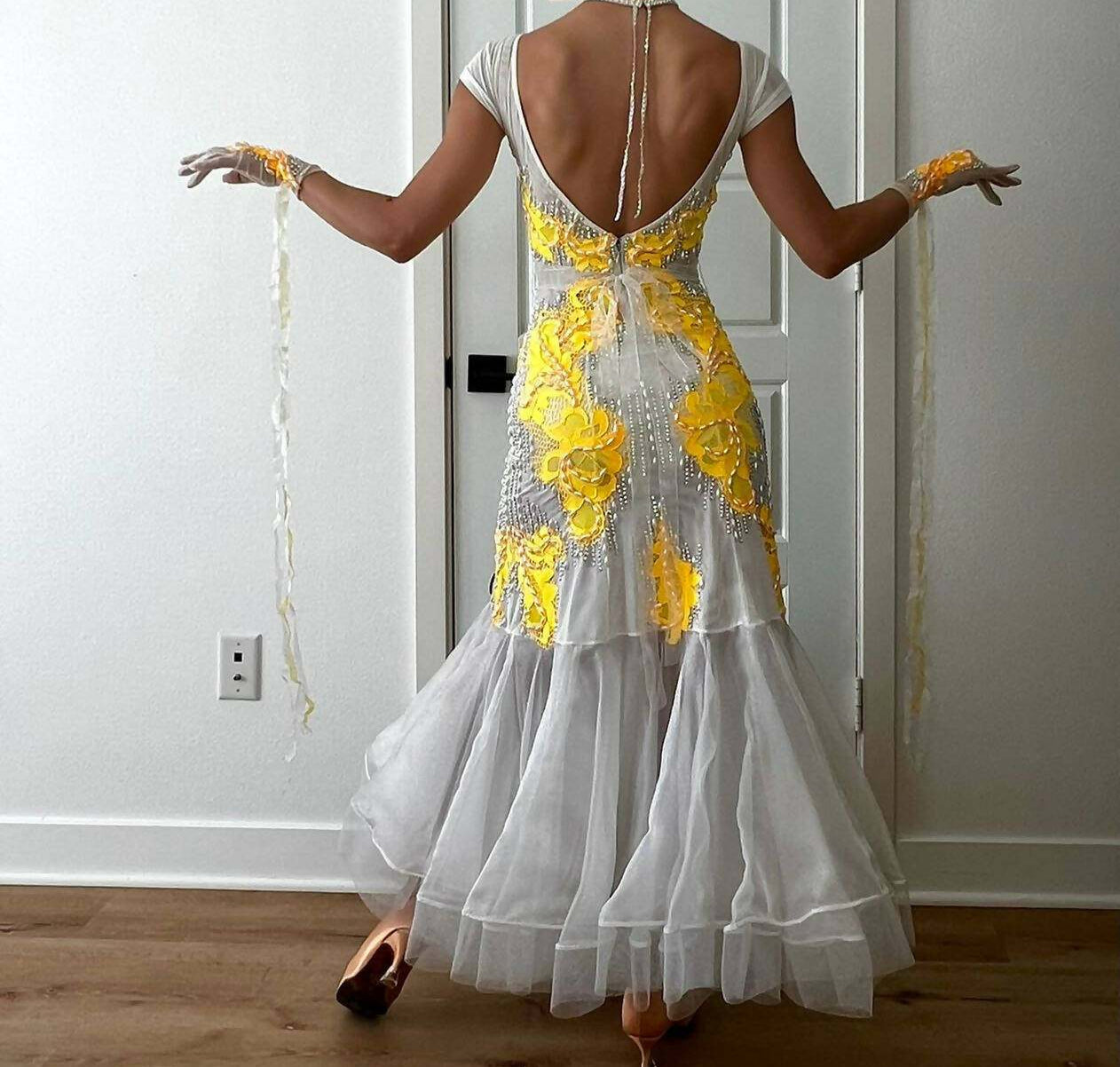 White & Yellow Standard Dress with PearlsDance Dressing