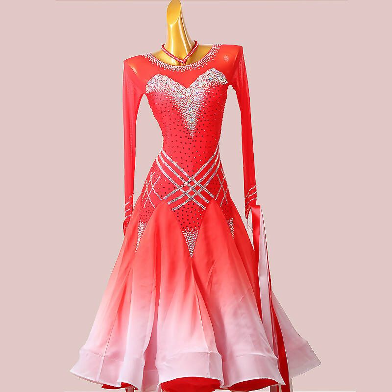 Gradient Red & White Ballroom Dress | MD1295Dance Dressing Gradient Red & White Ballroom Dress | MD1295Dance Dressing