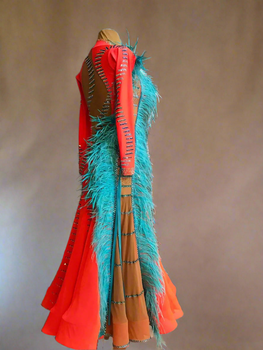 Orange Ballroom Dress with Blue FeathersDance Dressing