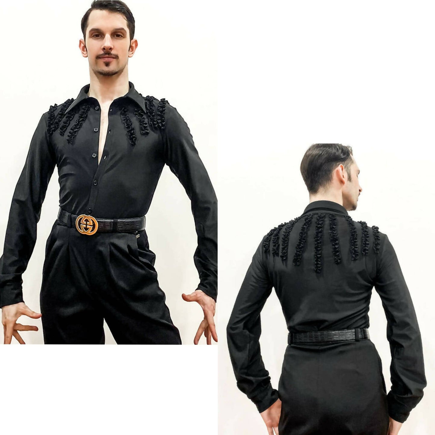 Men Black Velvet Latin Shirt | ALW52Dance Dressing