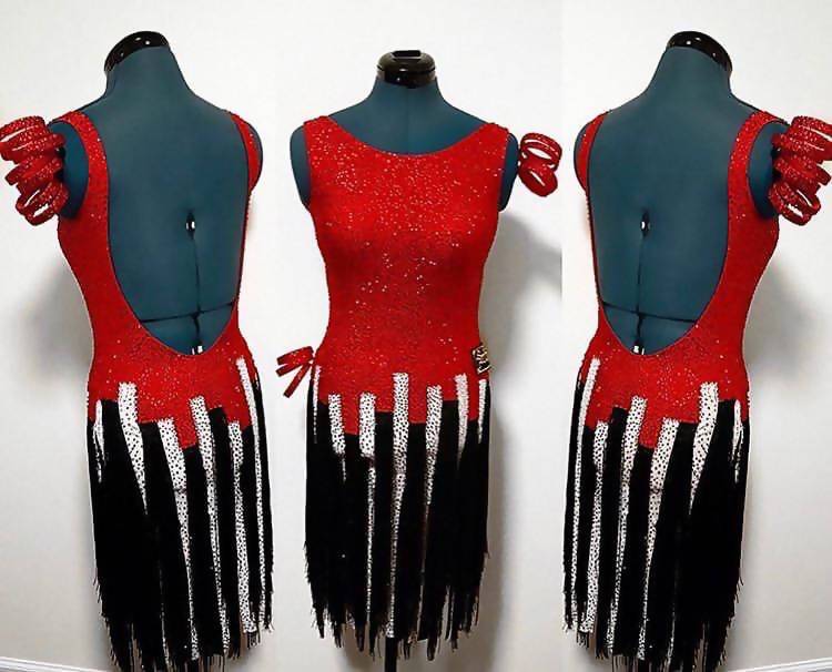 Red & Black Latin Sponsored Dress with FringeDance Dressing