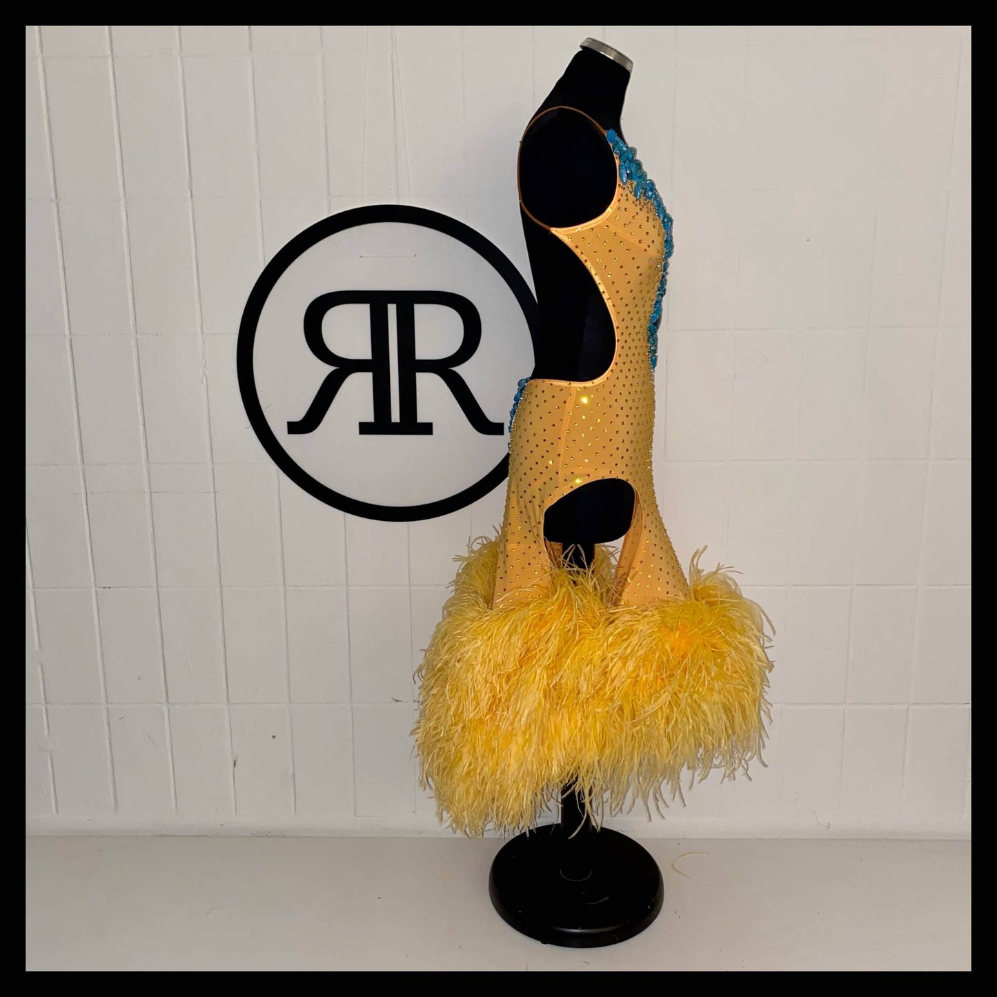 New Yellow & Turquoise Latin Dress with FeathersDance Dressing