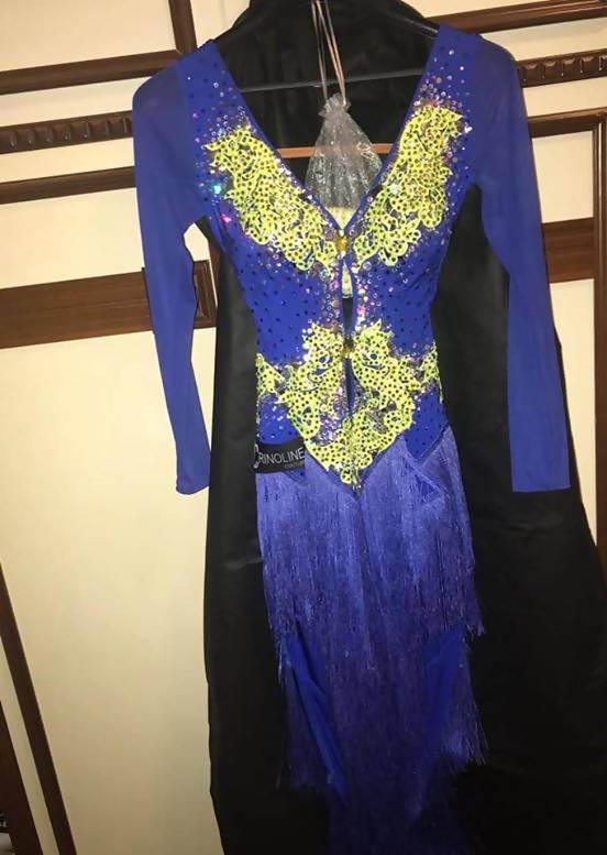 Blue Latin Dress with Lace and Fringe (ballroom dresses for sale, latin, dancesport, rhythm) - DDressing