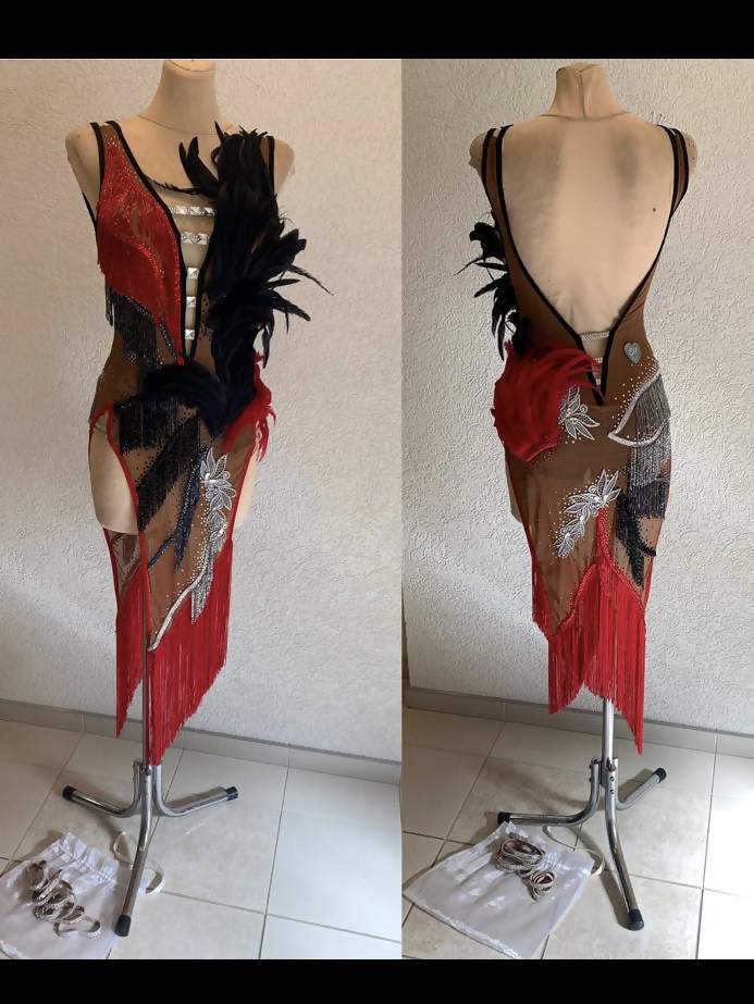 Red Latin Dress with Black FeathersDance Dressing
