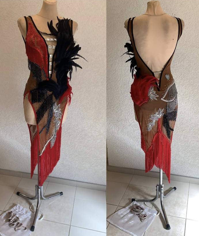 Red Latin Dress with Black FeathersDance Dressing