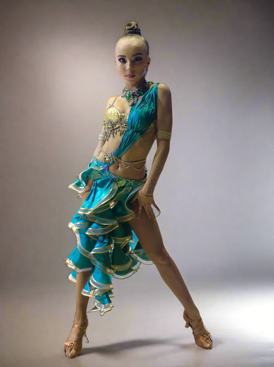 Emerald Green & Gold Junior Latin DressDance Dressing