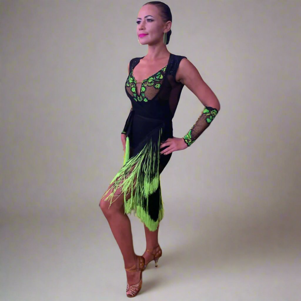 Stunning Black & Neon Green Latin DressDance Dressing Stunning Black & Neon Green Latin DressDance Dressing