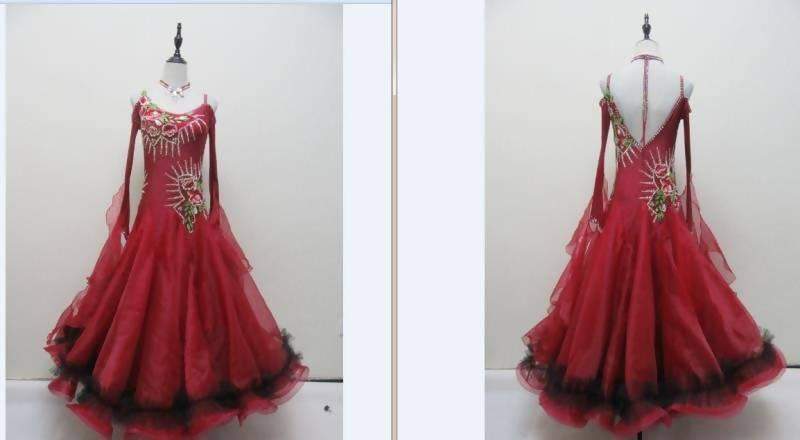 Red Ballroom Competition Dress with Flower DecorationDance Dressing