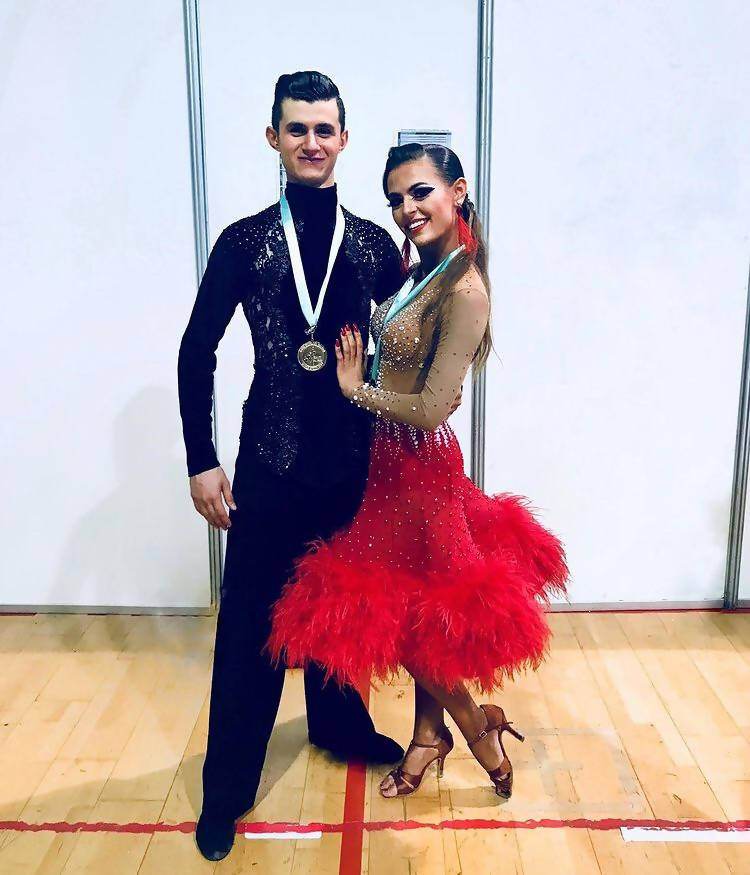 Beige & Red Latin Dress with Feathers (latin dresses for sale, ballroom dress for sale, dancesport)