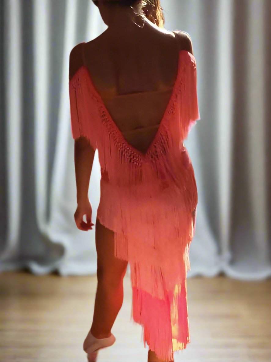 Neon Pink Latin Dress with Fringe (ballroom dresses for sale, latin, dancesport, rhythm) - DDressing