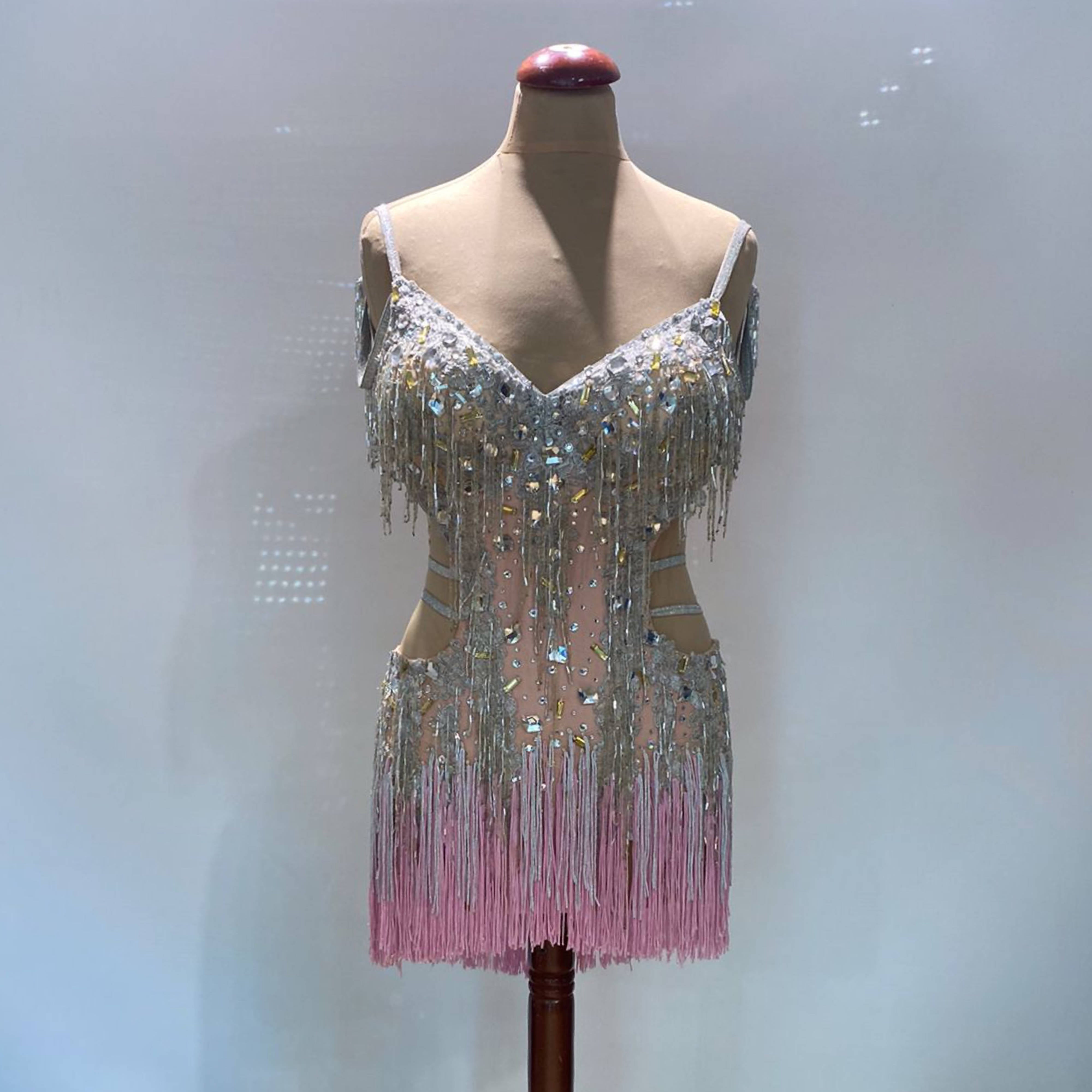 Silver & Pink Latin Dress with Fringe | DanceDressing