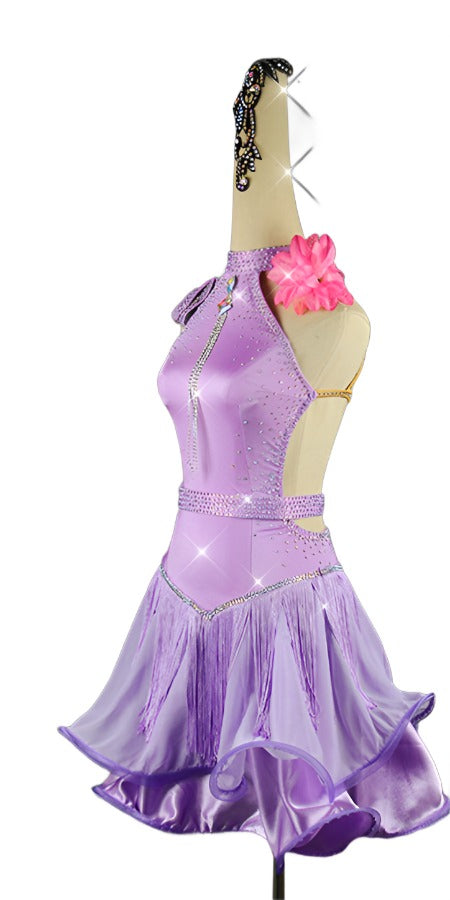 Customizable Dance Attire, Bespoke Latin dress, Halter front dance dress, Open back dance attire, Fringed wavy skirt, Glamorous dance outfit, Shimmering crystal accents, Customizable dancewear, Vibrant color options, Premium-quality ballroom dress, Dazzling dance floor attire