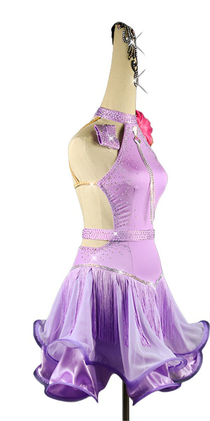 Customizable Dance Attire, Bespoke Latin dress, Halter front dance dress, Open back dance attire, Fringed wavy skirt, Glamorous dance outfit, Shimmering crystal accents, Customizable dancewear, Vibrant color options, Premium-quality ballroom dress, Dazzling dance floor attire