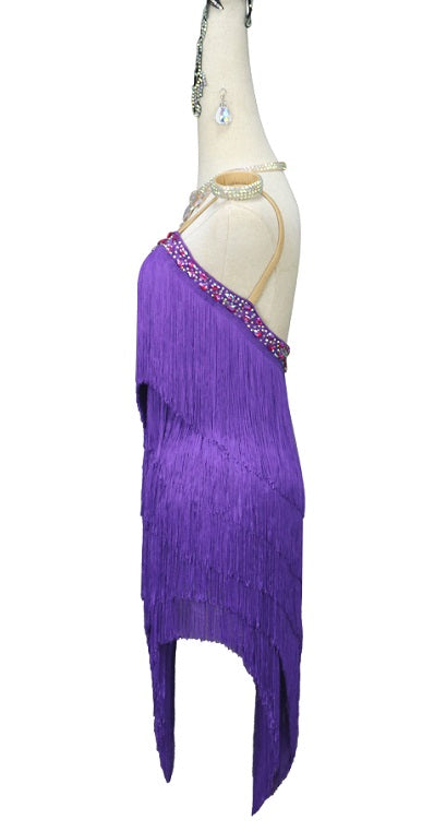 Affordable Latin Dress with Custom Fit, Custom purple Latin dress, Fringe and AB crystals, Affordable dance dress, purple Latin dance attire, Tailored dance dress, Dance floor elegance, Customized dancewear, Sparkling Latin dress, Purple dance costume, Ballroom dance attire, Dance dress with fringe, AB crystals embellishment, Affordable dance outfit, Custom-fit Latin dress, Dancewear in multiple colors