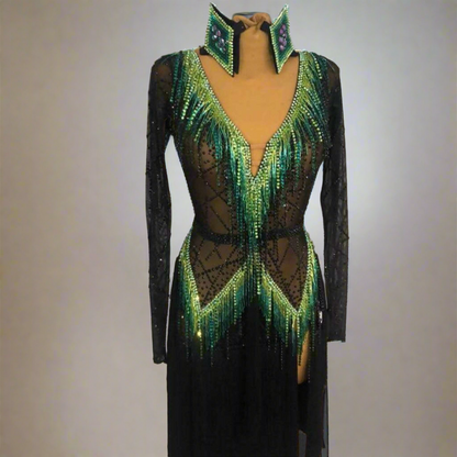 Black & Green Latin Dress with FringeDance Dressing