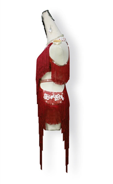 red fringe dance dress ZYM Dance Style, Latin Dance Dress style 24082 Burgundy Red