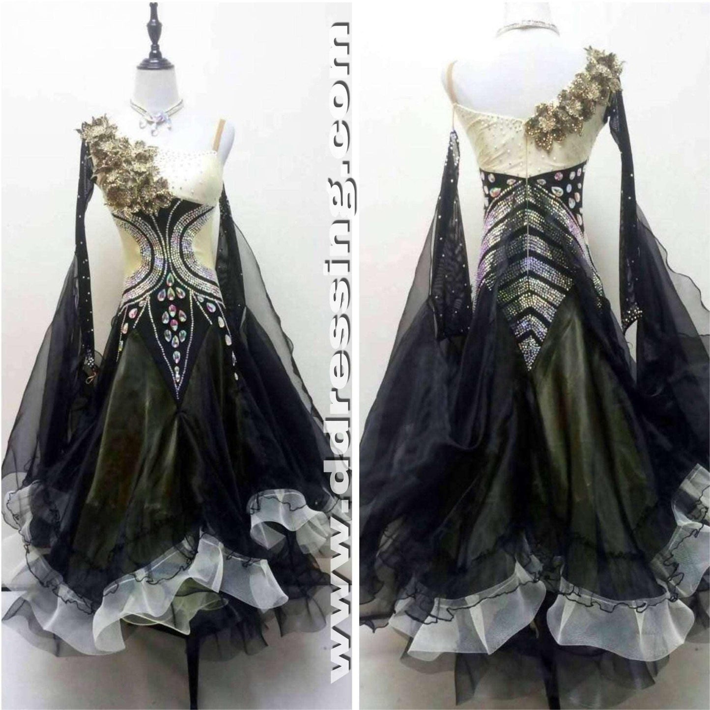 Black Ballroom Competition Dress with Gold Decoration Flowers - DDressing