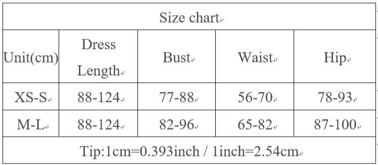 Size chart for latin practice dance dress 