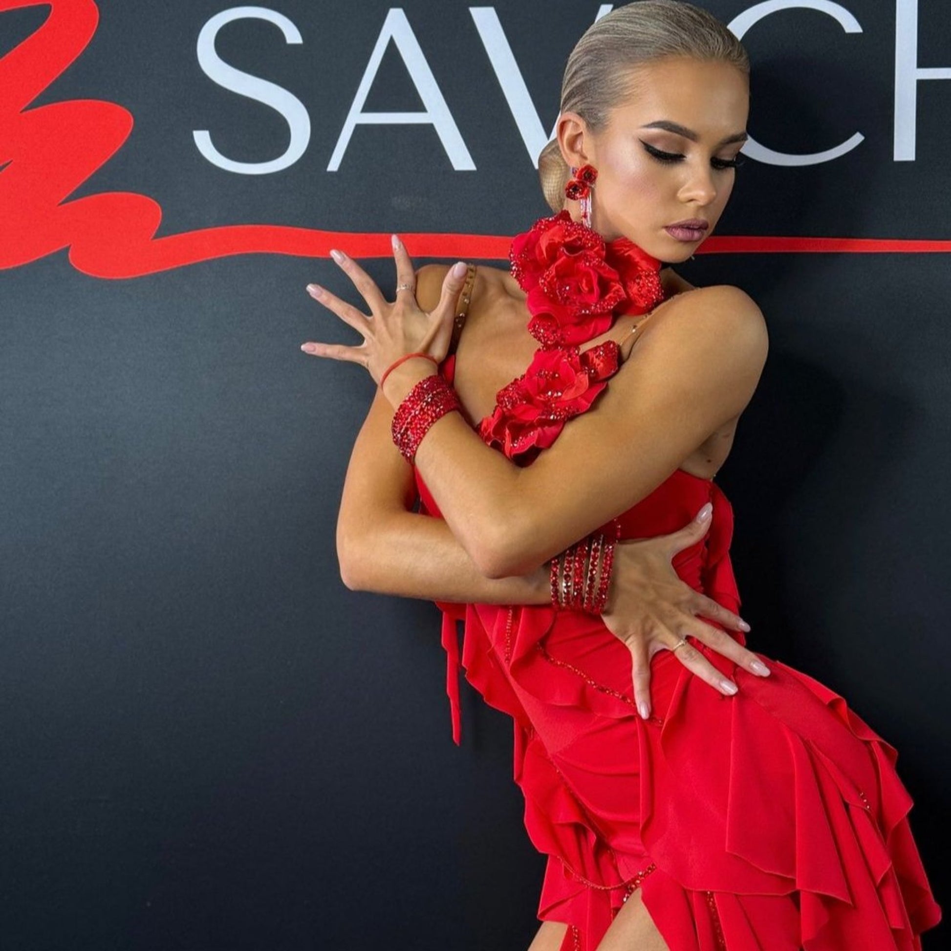 Passionate Red Floral Details Latin Dance Dress