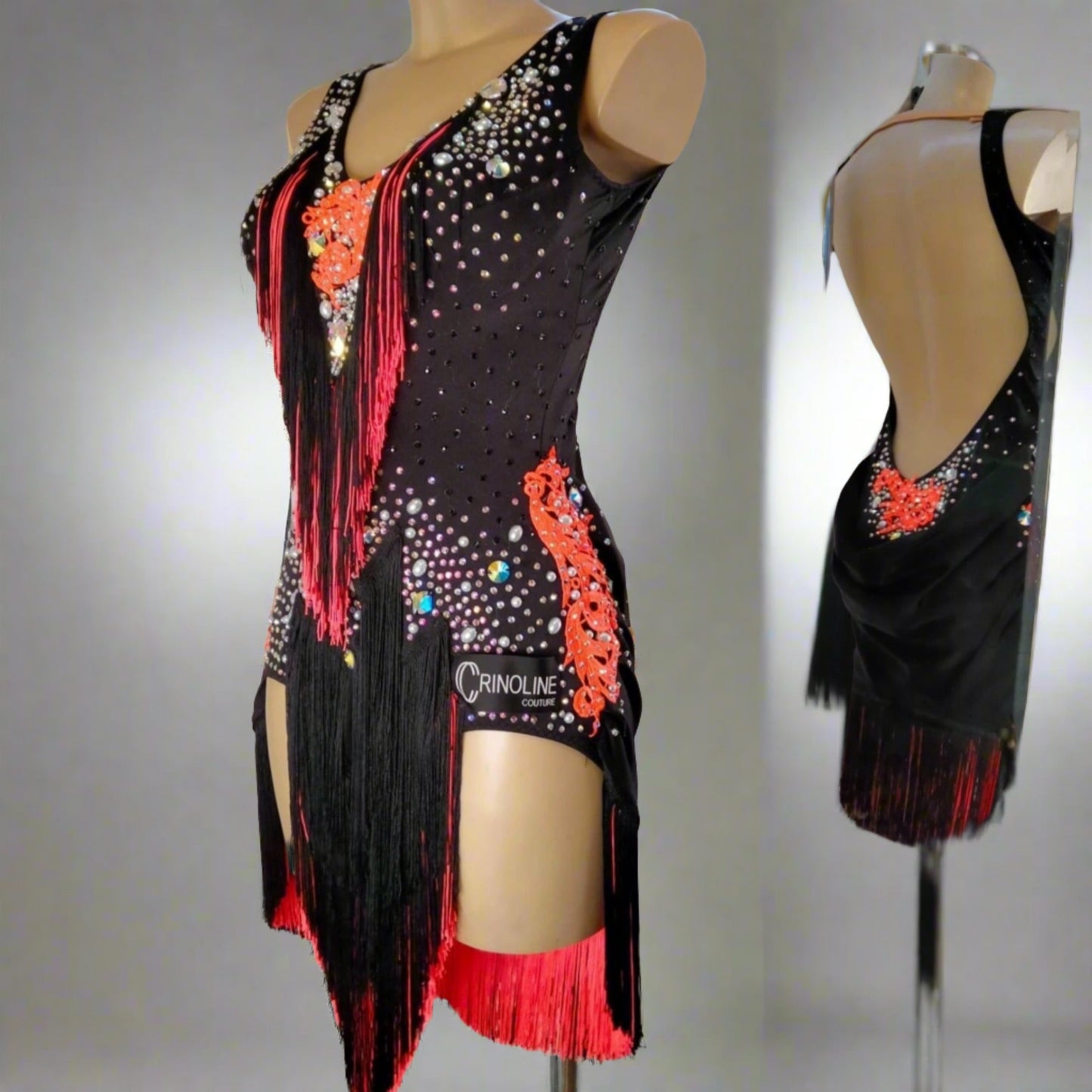 Impressive Black Latin Dress Coral Lace & Fringe