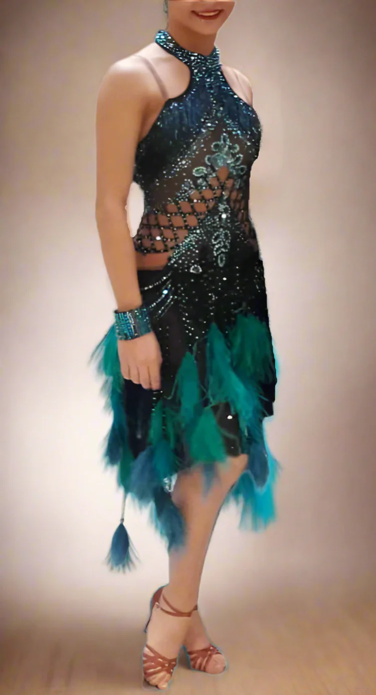 Midnight Feathered Elegance: Teal & Blue Stoned Latin Dress