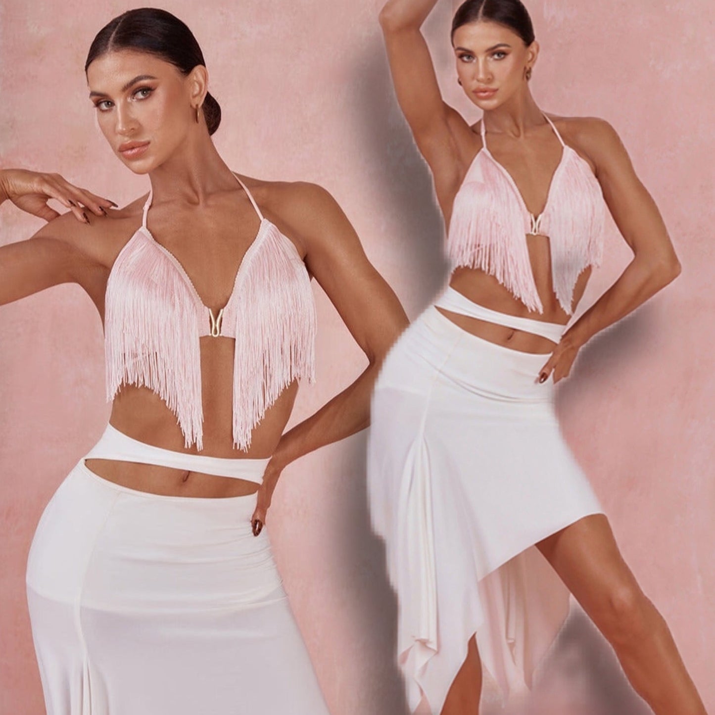 Flirty Pink Bra White Skirt Latin Dancewear