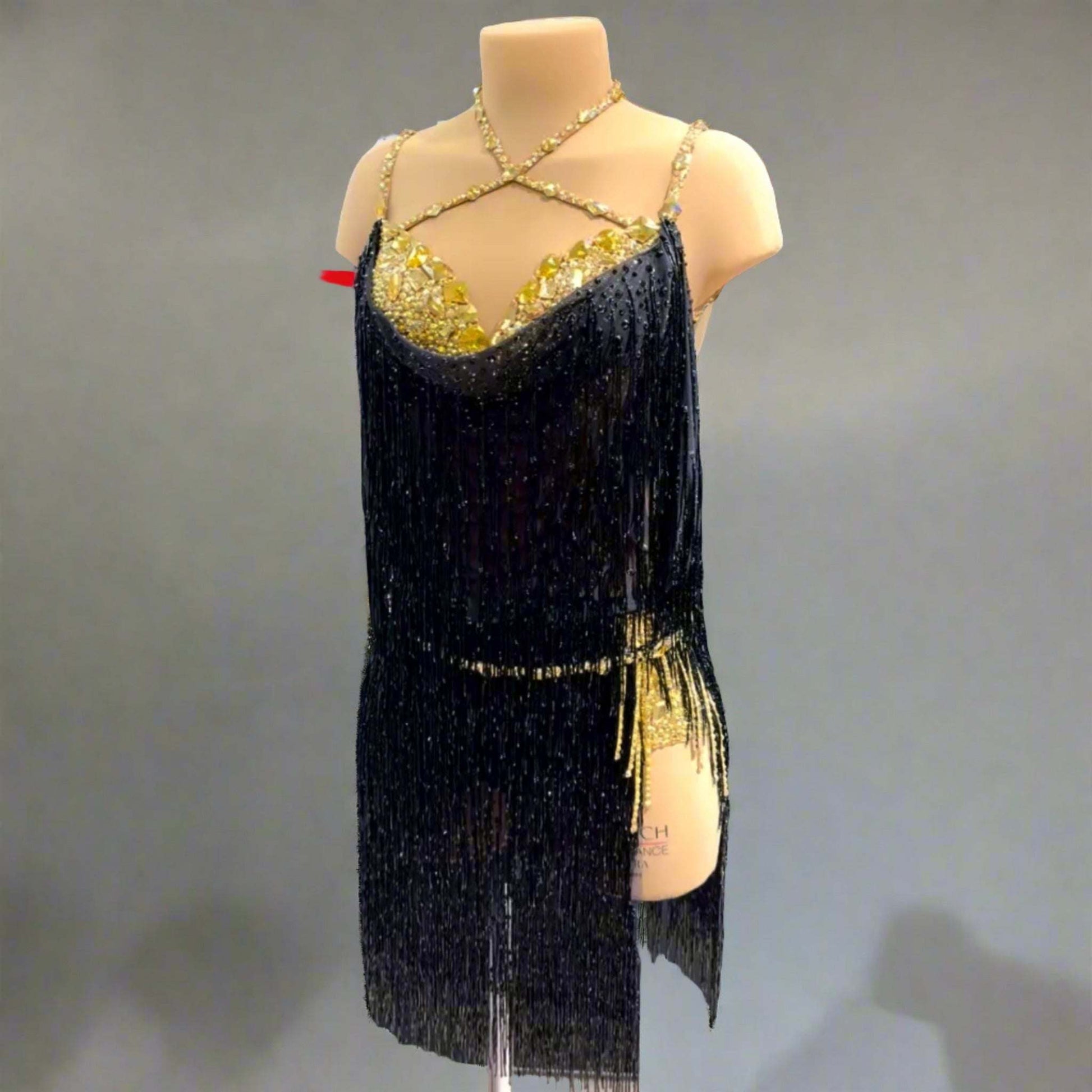 Black Beaded Gold Accents Latin Dance Dress Black Beaded Gold Accents Latin Dance Dress