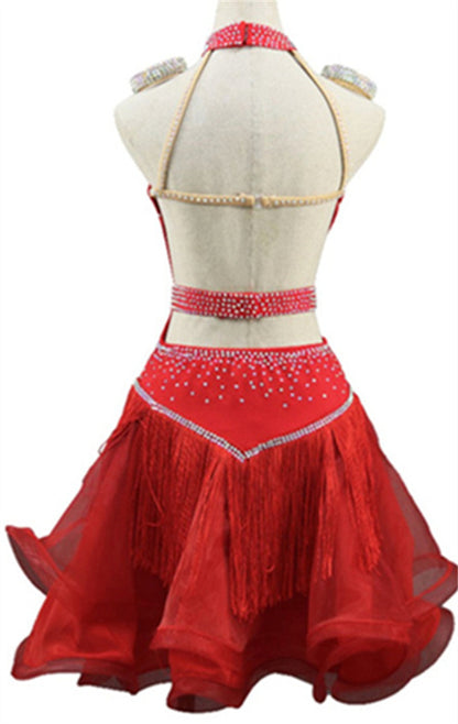 Customizable Dance Attire, Bespoke Latin dress, Halter front dance dress, Open back dance attire, Fringed wavy skirt, Glamorous dance outfit, Shimmering crystal accents, Customizable dancewear, Vibrant color options, Premium-quality ballroom dress, Dazzling dance floor attire