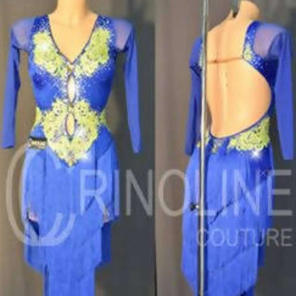 Blue Latin Dress with Lace and Fringe (ballroom dresses for sale, latin, dancesport, rhythm) - DDressing