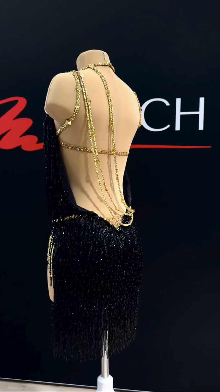 Black Beaded Gold Accents Latin Dance Dress Black Beaded Gold Accents Latin Dance Dress
