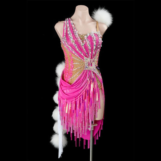 women's light pink latin dress Latina Open Back Mini rhythm dress Light Pink Asymmetric Latin Dance