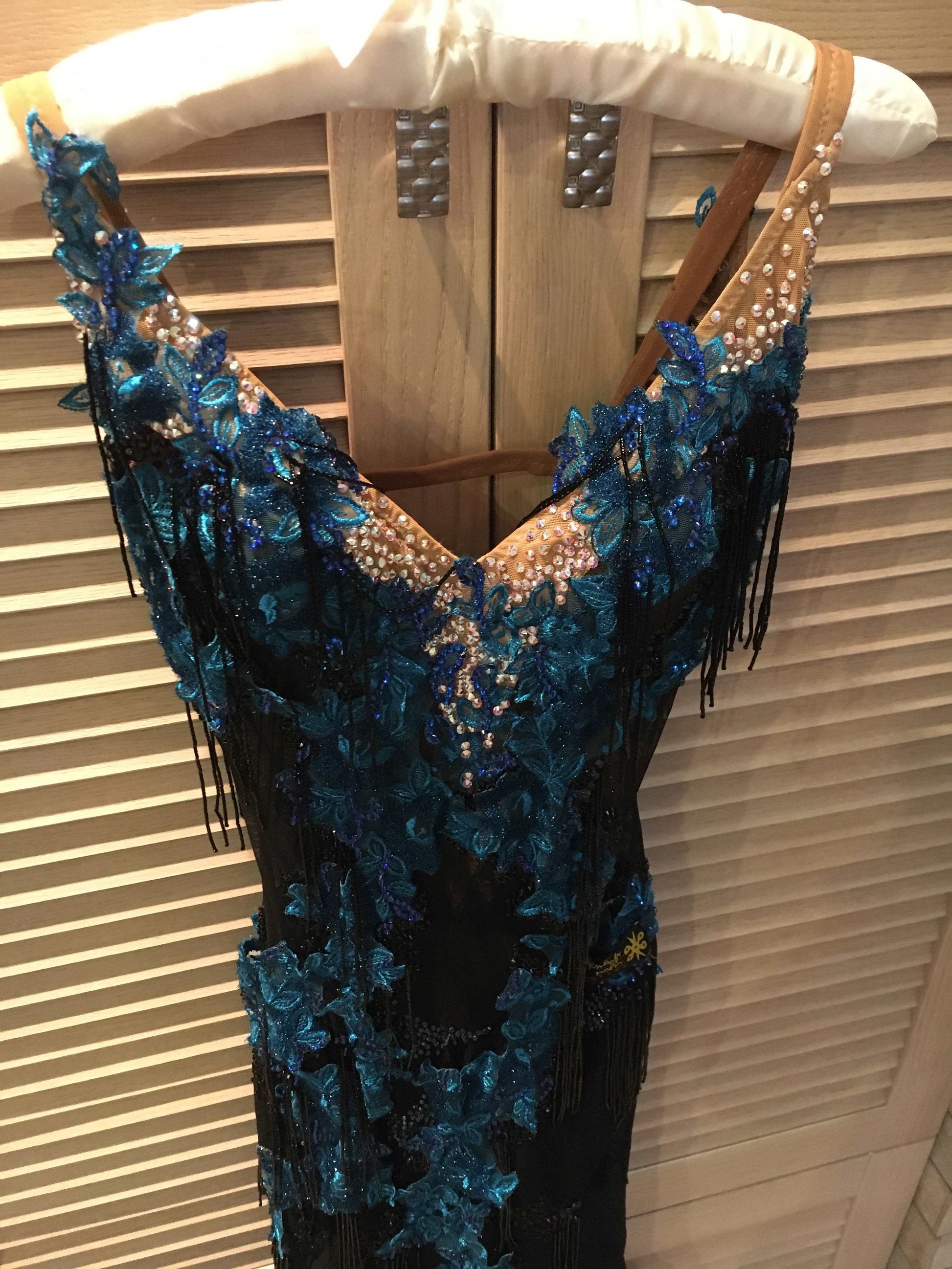 Black Latin Dress with Blue Flowers (ballroom dresses for sale, latin, dancesport, rhythm) - DDressing