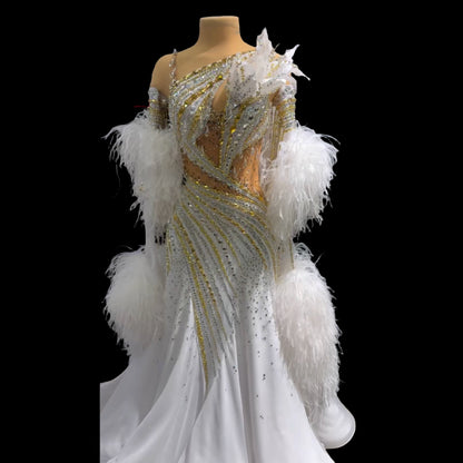 Deluxe White Feathered Ballroom Dress