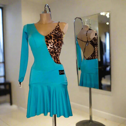 Turquoise Latin Dance Dress Spotted Design