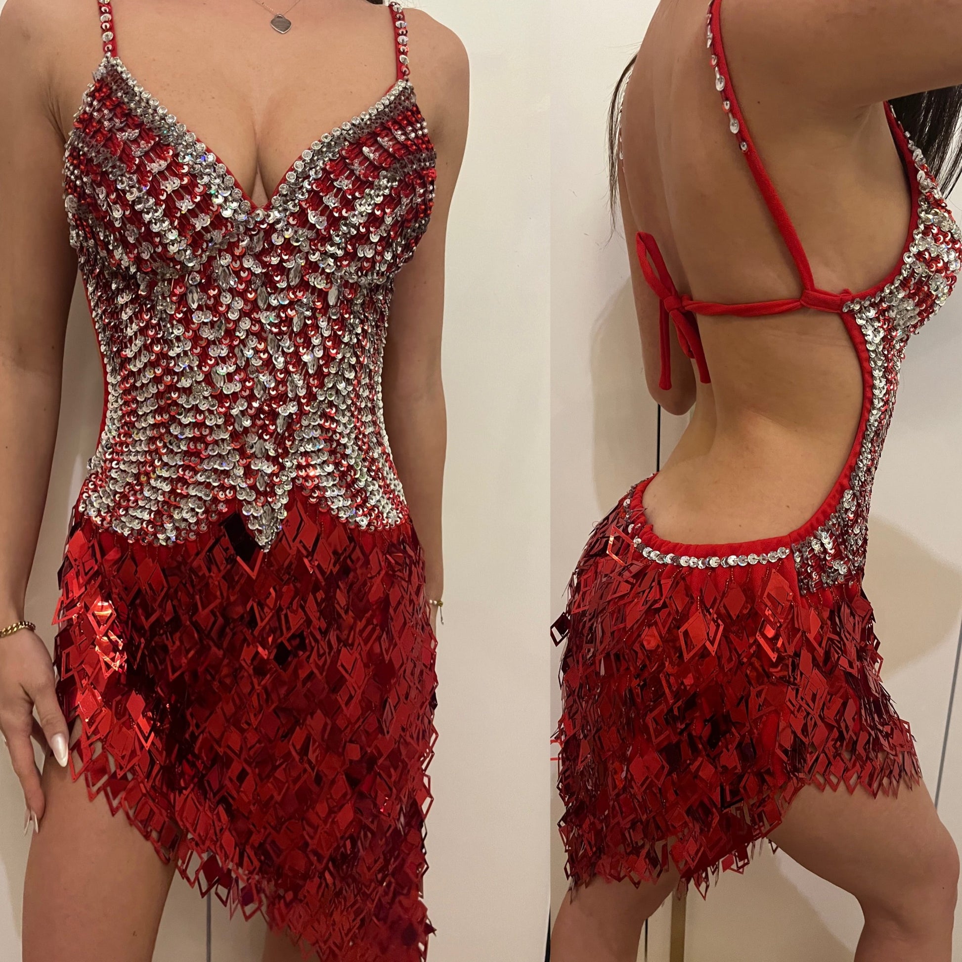 Radiant Red and Silver Sequined Latin Dance Dress, red latin dress, competition dress, rhythm dress, dance dresses for competition, sequin dress for sale