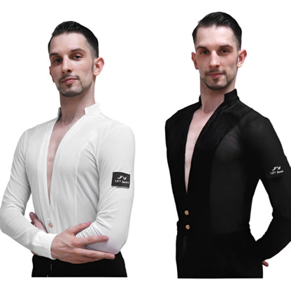Refined Latin Dance Shirt with Two Buttons | White / Black | BY349