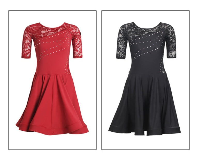 Lace Sleeved Latin Dress | Red / Black | W24A358Dance Dressing