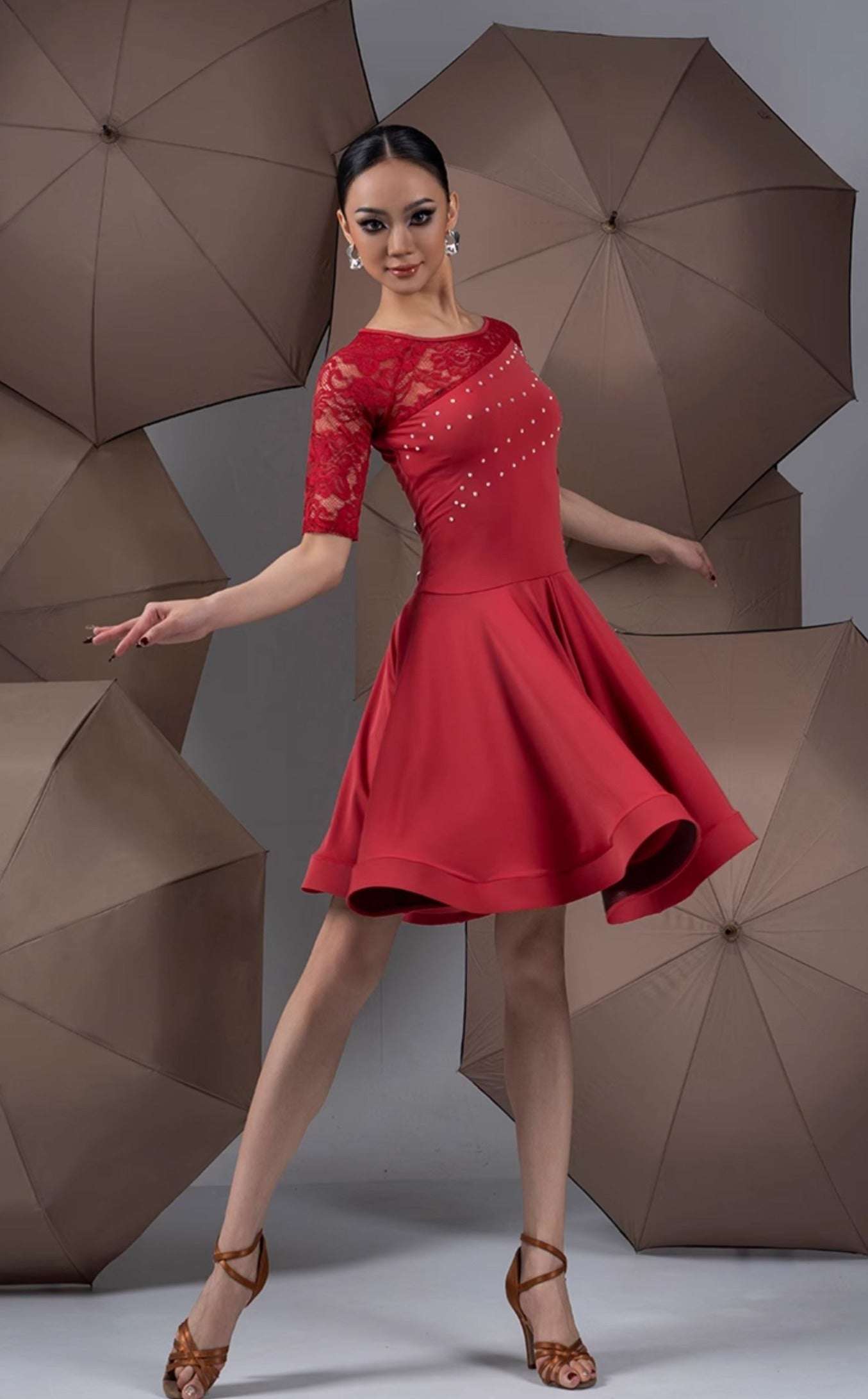 red dress with black lace sleeves Penny Dress in Red Lace 10