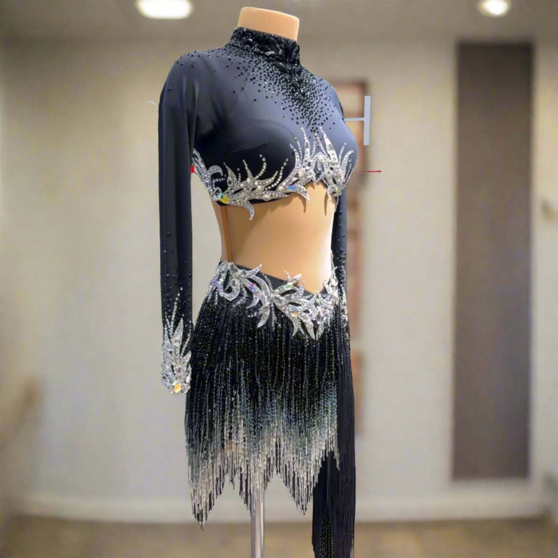 Black Latin Dress Silver Beads & Fringes Black Latin Dress Silver Beads & Fringes