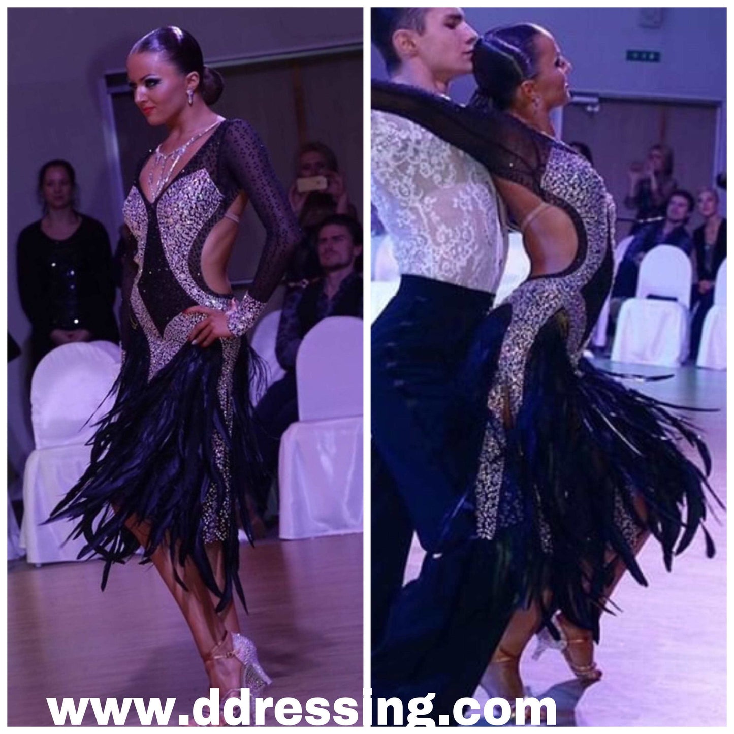 Black & Silver Latin Dress with Feathers