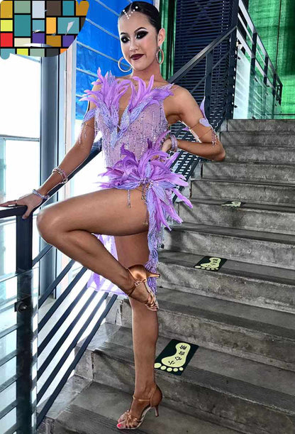 Feathered Purple Latin Dance Dress | SH-324