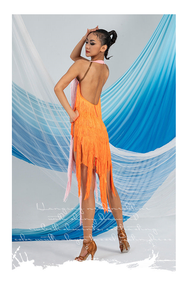 Latin dance dress with orange fringes