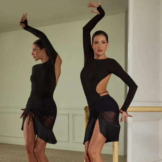 Latin Practice Dance wear with black skirt and black long sleeve body