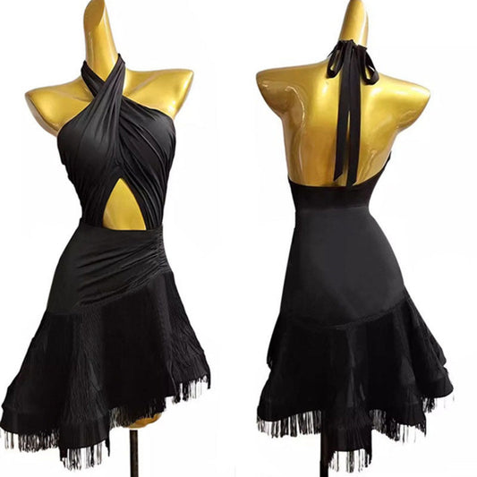 Crinolined Fringed Black Latin Dress