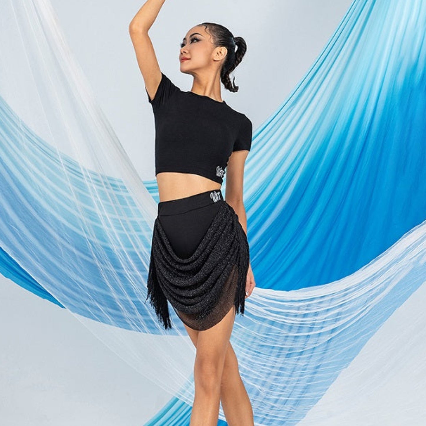 Top and Fringed Skirt Combo, latin practice set, dance wear, dancewear skirt, black top for practice, Dance wear clothes, Dancing store, Dancewear clothes near me, dance costumes