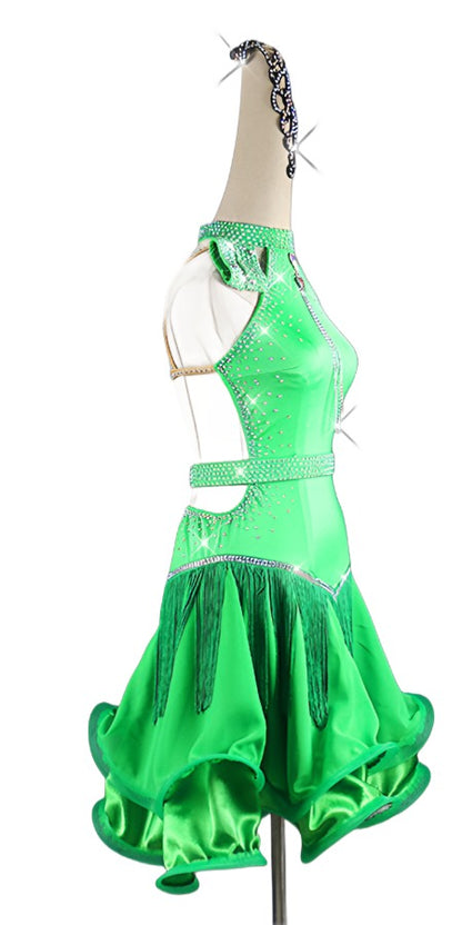 Customizable Dance Attire, Bespoke Latin dress, Halter front dance dress, Open back dance attire, Fringed wavy skirt, Glamorous dance outfit, Shimmering crystal accents, Customizable dancewear, Vibrant color options, Premium-quality ballroom dress, Dazzling dance floor attire