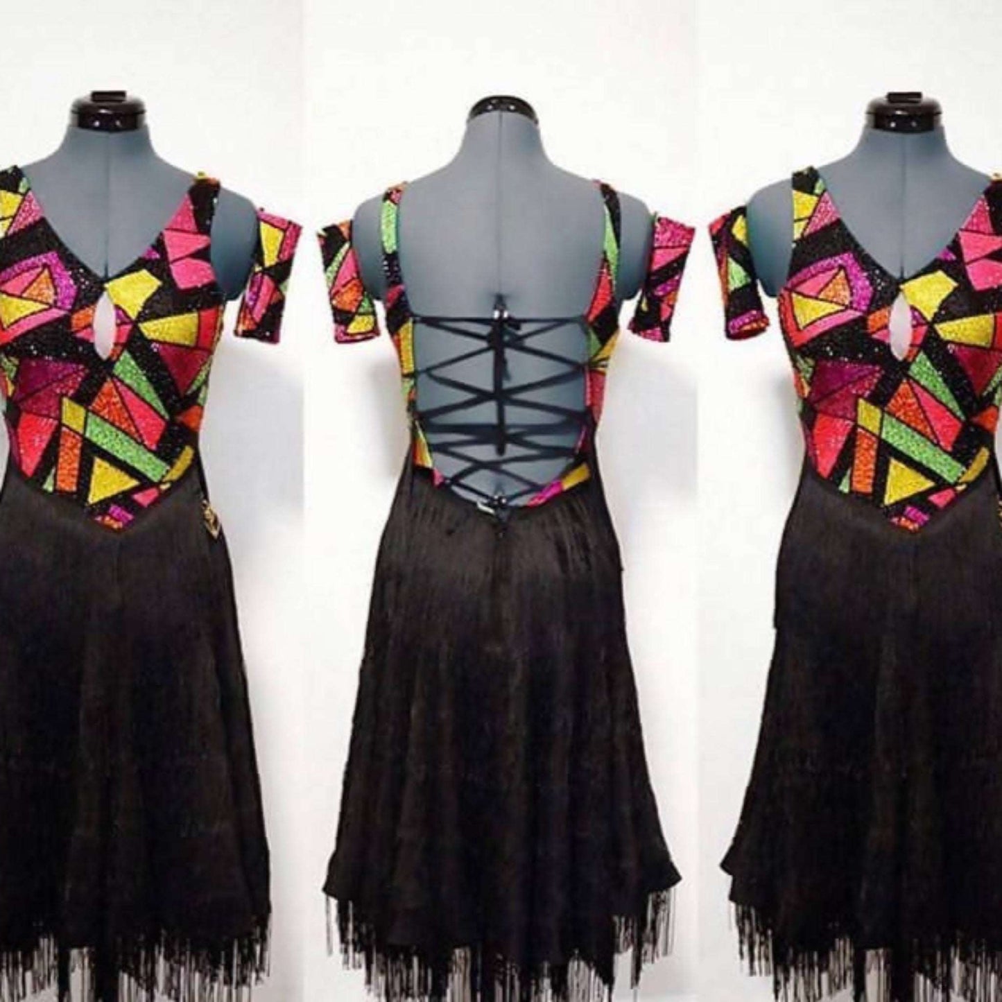 Black Latin Dress with Multicolor Top (latin dresses for sale, ballroom, dancesport, rhythm) - DDressing